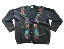 Vintage Rainbow Black Knit Sweater Embroidered Flowers Long Sleeve Women's Large