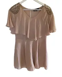 TopShop Blush pink Romper Size 6 black floral lace shoulders peek a boo back zip