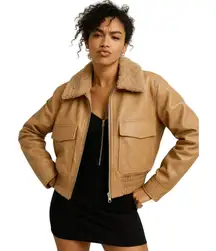 French Connection Size XL Vegan Leather Zipper Waistline  Jacket Sherpa Collar