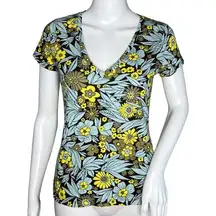 INC International Concepts Shirt Women XS Blue Yellow Retro Floral Flower Casual