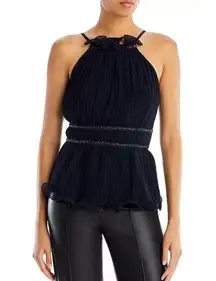 BCBGMAXAZRIA Top Women's XS Black Ruffle Trim Pleated Top Spaghetti Straps