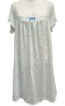 VTG Spotlight Floral Lace Trim Flannel Nightgown Blue White Large Cottage Granny