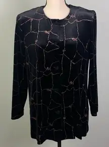 R & M RICHARDS black velvet jacket w/glitter lines and tiny bows in glitter. EUC