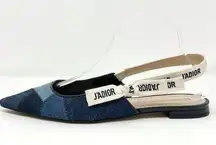 Christian Dior Dior J'Adior Blue Denim Patchwork Pointed Toe Logo Print Slingback Ballet Flats