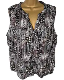 Erika Sleeveless Button Front Tank Tribal Print Split Hem Black Brown 1X