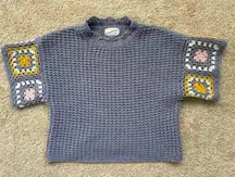 Universal Thread Blue and Yellow Crew Neck Granny Square Sleeve Sweater