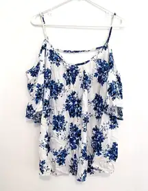 TORRID 1 Plus Size Floral Flutter Sleeve Cross Back Top White Blue Cold Shoulder