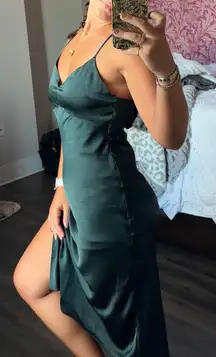 Emerald Green Satin Midi Dress