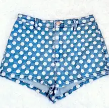 MOTO Retro Polka Dot Denim Short Shorts — Blue + White — Size 26