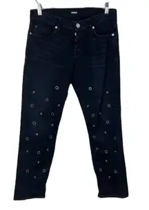 Hudson Riley Grommet Studded Slim Boyfriend Jeans in Stellar Black Size 25