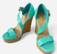 Y2K 2000 era 5.5 size cork sole turquoise wedge sandals NWOB