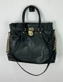 Michael Kors Hamilton Large Black Pebbled Leather Bag Tote Golden Padlock Chic