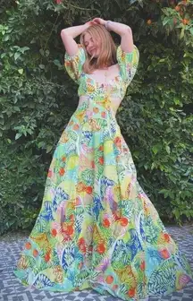 Staud Coliseum Dress Floral Linen Cutout Off Shoulder V Neck Maxi Gown