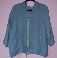 Cherishh Size L Blue Linen Jacket Hooded Zipper Lagenlook Beach Cardigan