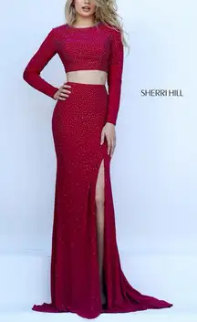 SHERRI HILL Two Piece Long Sleeve Dress with Side Slit in Ruby