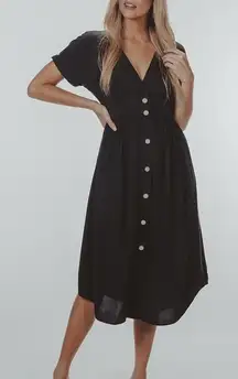 The Normal Brand Deep V Button Thru Midi Dress in Black size XS