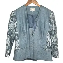 Alberto Makali Blue Studded Linen-Blend Country Western Blazer Lace Sleeves 8