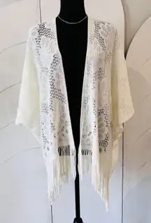 White Lace Open Front Kimono Shawl Floral Crochet Fringe Trim One Size