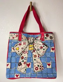 Brighton Canvas Red and Blue Checkered Love is All You Need Large Bow Tote