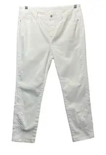 Soft Surroundings White Floral Embroidered Ankle Pants PM Stretch Denim Pull On