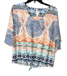 Chico’s Tie-Front Tribal‎ Crochet V Neck Top orange blue 1