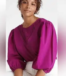 Farm Rio Fuchsia Pink Smocked Puff Sleeve Blouse with Bib Collar