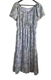 All In Favor Dress Women S Gray V-Neck Short Flutter Sleeve Lined Tiered Midi