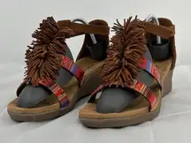 Minnetonka Desi‎ Fringe Wedge Sandals Size 8 Brown Suede Multicolor Strap