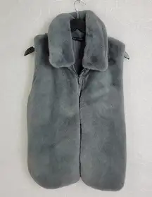 WHBM Womens Faux Fur Vest Size Large Gray Collared Full Zip Long