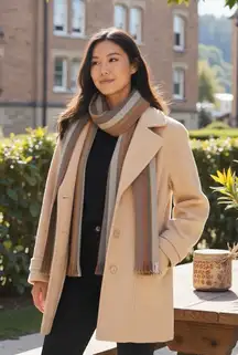 Herman Kay Wool Light Beige Size 16 Winter Overcoat Jacket Pea Coat w/ Scarf