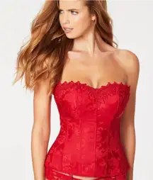 Fredericks Hollywood Dream Sweetheart Corset 32 Red Jacquard Lace Hook Closure