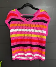 BLAKELEY Colorful Striped Knit Short Sleeve Sweater Tie Up Back Sz S/M EUC