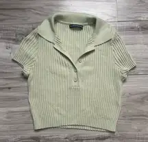 Brandy Melville Sage Green Ribbed Knit Polo Crop Top