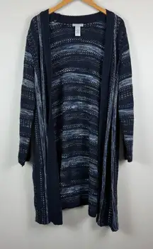 Catherines Cardigan Women 1X Navy Blue Stripe Lightweight Knit Open Front Duster