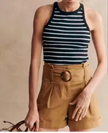Sezane Rome Caramel High Waist Shorts Women’s Size 2 US Belted Pleated Paperbag