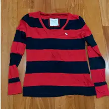 Abercrombie Fitch Red Navy Stripe V Neck Long Sleeve Casual Top Women L