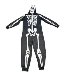 Skeleton Print Onesie Costume Hooded Jumpsuit Black White Halloween
