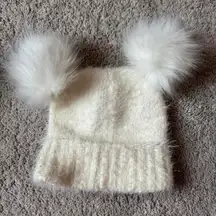 Target Cream Fuzzy Beanie with Double Pom Poms
