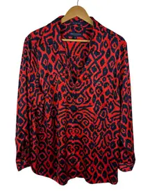 Jones New York Ikat Button‎ Down Shirt Size 2X Red Satin Lightweight Office Bold