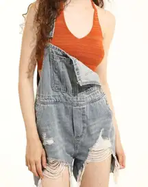 Cider‎ Women Light Wash Distressed High Rise Denim Jean Shorts Romper Playsuit #