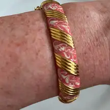 Pink /White Enamel and Gold Tone Metal Vintage Monet Hinged Bracelet