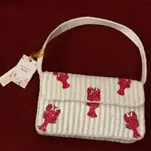 NWT Lobster Cream White and Red Beaded Shoulder Bag