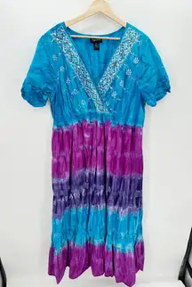 Maggie Barnes Dress Women Size 0X Tie Dye Blue Purple Boho Midi Ruffle Cotton