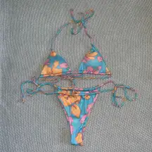 Aurelle Kiva Blue Floral Tropical Triangle Bikini Set Cheeky Tie Terry Cloth S/M