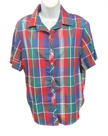 R Russ Russ Toys Women Plaid Short Sleeve Button Up Shirt Collared Casual Top