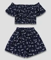 Vintage Y2K Floral Crop Top and Shorts Set Navy White Small