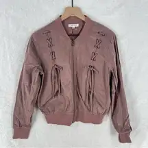 On The Road Mauve Pink Faux Suede Lace‎ Up Zip Front Bomber Jacket