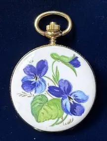 Vintage Bucherer Gold Floral Ceramic Quartz Pendant Watch Violet