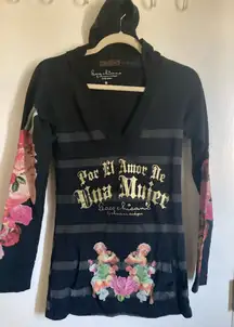 ***HTF Paco Chicano Christian Audigier Rare Black Striped Floral Cherub Hoodie#R