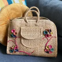 VINTAGE Handmade Straw Wicker Tote Market Basket Floral Woven Multicolor Tiki